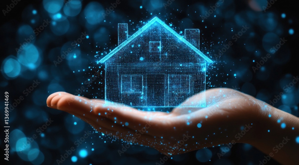 Poster a realistic digital hologram of a smart home is presented in an open hand, surrounded by shimmering 