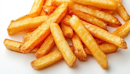 Freshly cooked French fries with a crispy exterior and fluffy interior, served isolated on a white background, inviting for any meal
