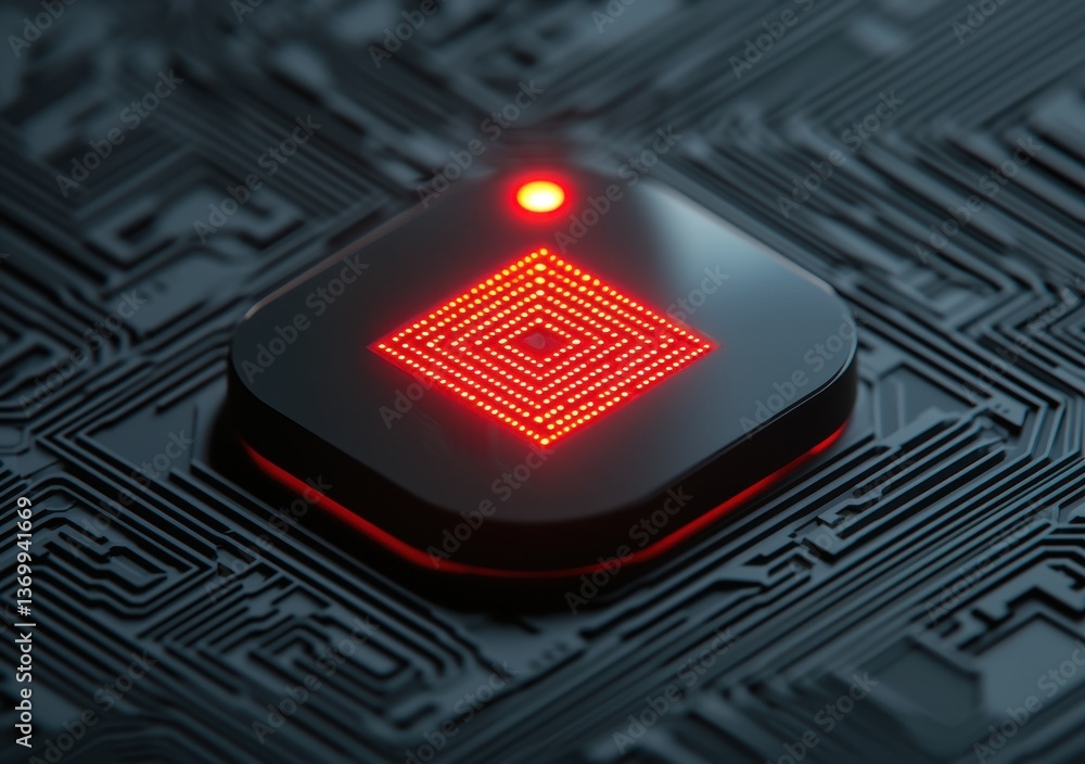 Poster red led pattern on a dark circuit board background for technology