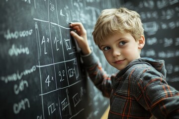 Boy solving math problems on chalkboard in classroom