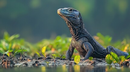 Dark lizard on riverbank, alert gaze
