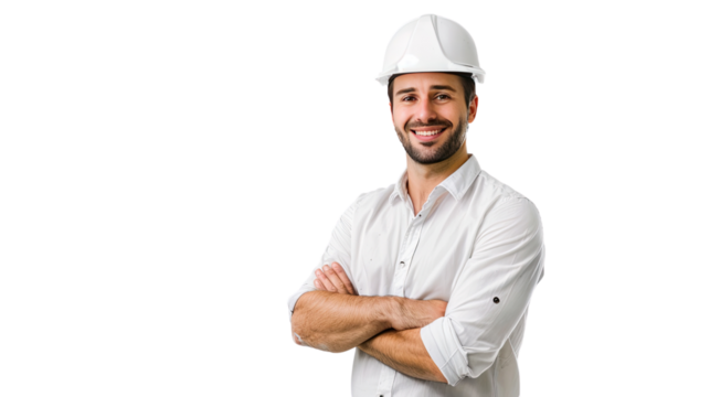 Confident Constructor: A smiling male engineer in a white hard hat, radiating professionalism and approachability. His crossed arms convey readiness and a can-do attitude. 