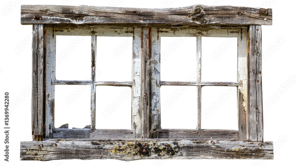 Poster rustic window frame: this image features an aged wooden window frame, its weathered texture telling 