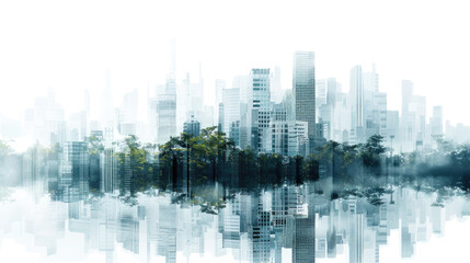 Fototapeta premium Cityscape Reflections: A blurred, dreamlike cityscape with high-rise buildings mirrored in serene water, blending a sense of urban dynamism with tranquility.