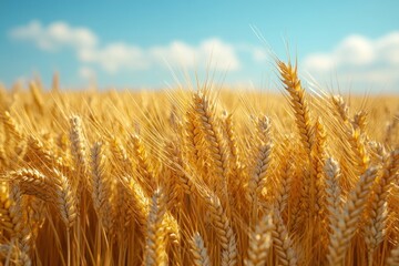 Fototapeta premium A vast field of golden wheat sways gently in the breeze, set against a clear blue sky dotted with clouds, inviting tranquility and reflection