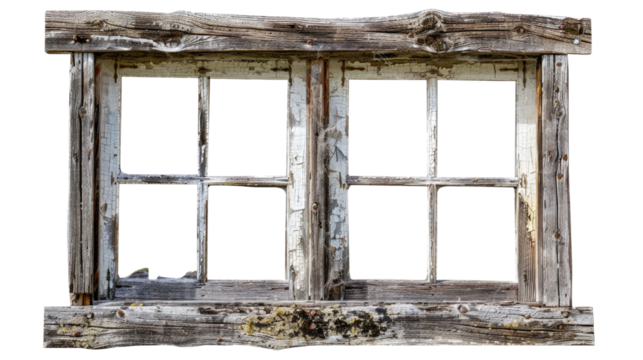 Rustic Window Frame: This image features an aged wooden window frame, its weathered texture telling tales of time and seasons, offering a glimpse through its panes.