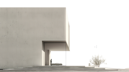 Modern Architecture: A minimalist architectural masterpiece bathed in natural light, showcasing clean lines, a spacious design, and a serene ambiance. A lone figure stands at the entrance.