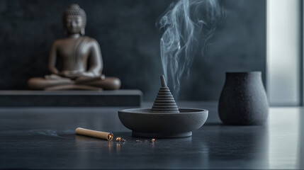 A peaceful incense scene with a clay Buddha figurine and hand-rolled incense cone, smoke weaving gently through the air. Set on a polished black surface with soft lighting from the side, shadows ble