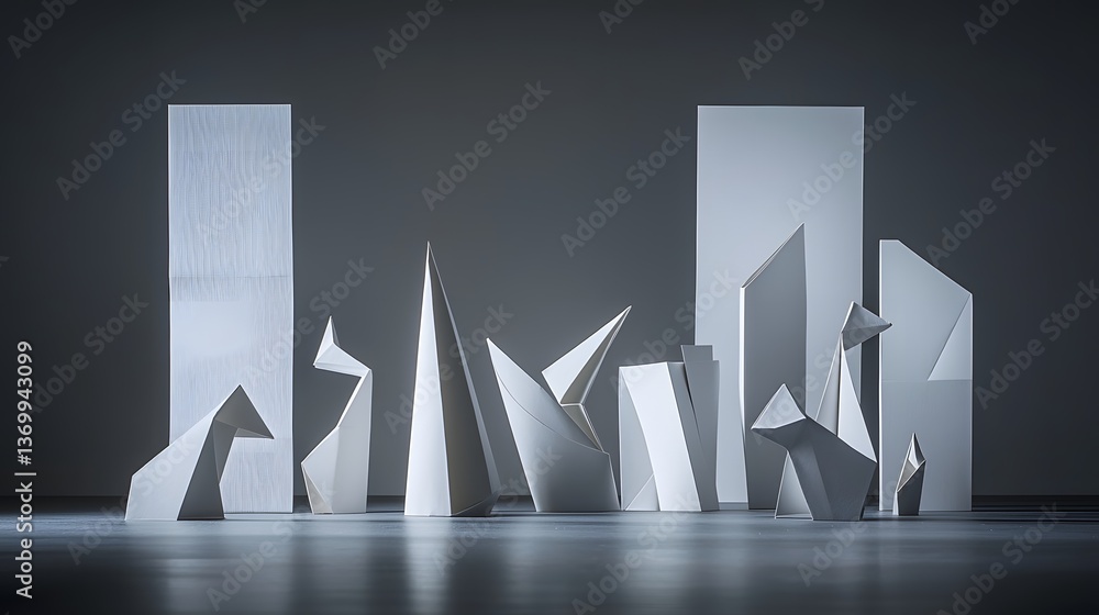 Aufkleber A high contrast image showcasing the abstract forms and geometric shadows created by an arrangement of folded paper sculptures on a dark surface