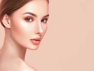 Fototapeta premium Close-up portrait with clear and smooth skin on the face and neck, looking directly at the lens, on a white background, showing elegance and beauty, perfect for commercial use.