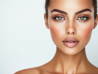 Obraz premium Close-up portrait with clear and smooth skin on the face and neck, looking directly at the lens, on a white background, showing elegance and beauty, perfect for commercial use.