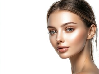 Fototapeta premium Close-up portrait with clear and smooth skin on the face and neck, looking directly at the lens, on a white background, showing elegance and beauty, perfect for commercial use.