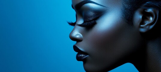 Portrait of a Woman with Glossy Black Makeup and an Intense Gaze on a Blue Background