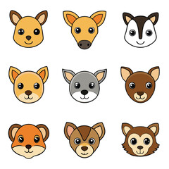 Fototapeta premium Funny vector animal head icons featuring a cute collection of cartoon cat, dog, bear, fox, pig, panda, and rabbit character faces