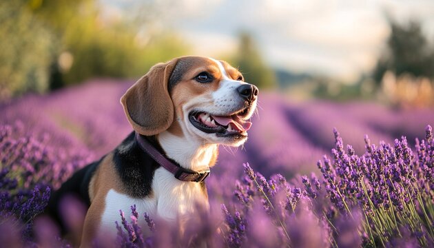Beagle Joyfully Playing in Lavender Fields of Provence, Capturing the Essence of a Happy Pet in a Serene Countryside Setting