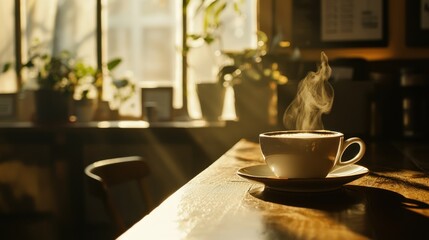 Obraz premium A steaming cup of coffee in a cozy cafÃ© setting, with soft morning light.