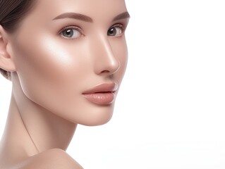Fototapeta premium Close-up portrait with clear and smooth skin on the face and neck, looking directly at the lens, on a white background, showing elegance and beauty, perfect for commercial use.