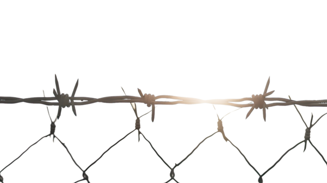 Barbed Wire: Symbolic representation of security, boundaries, and restrictions, featuring a detailed close-up of sharp, metallic wire against a clean background.