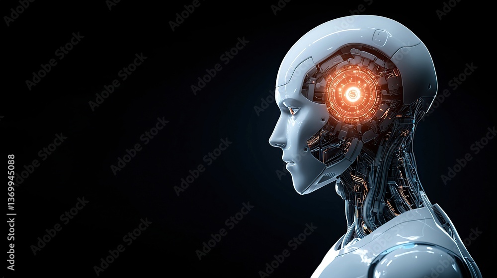 Poster futuristic humanoid robot head with a glowing neural interface, showcasing advanced technology.