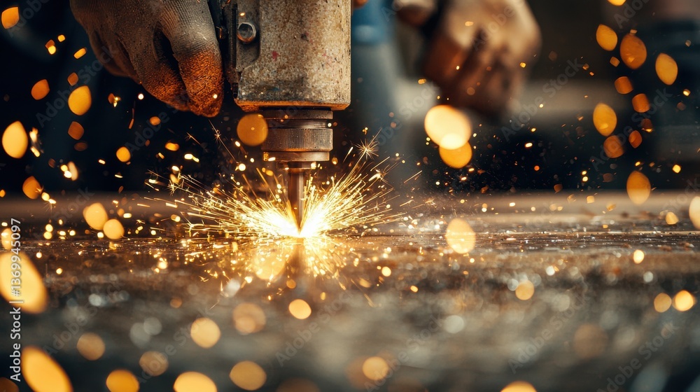 Poster metalworking action sparks industrial workshop dynamic environment close-up view craftsmanship preci