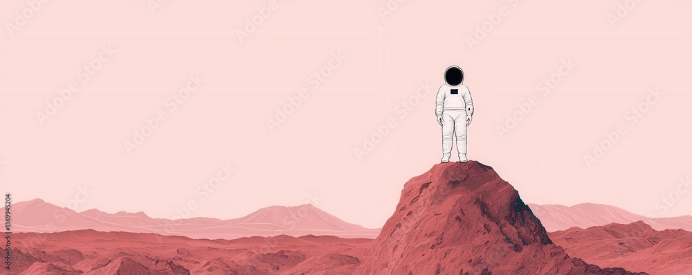 Poster surreal astronaut on red mars landscape with minimalist background