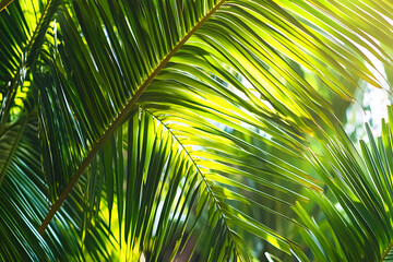 Close up view of vibrant green palm leaves illuminated by sunlight in Miami Beach, creating lush tropical atmosphere.