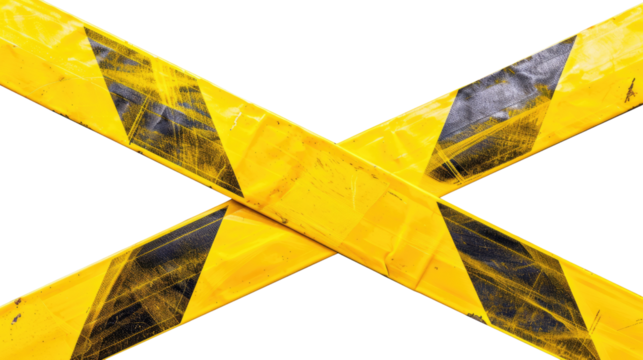 Caution Tape: A visual representation of danger, featuring yellow and black striped caution tape crossing in an X formation. conveying a sense of alert and warning