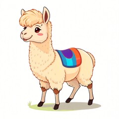Naklejka premium Adorable Cartoon Alpaca Wearing a Colorful Saddle Perfect for Children's Books and Textiles