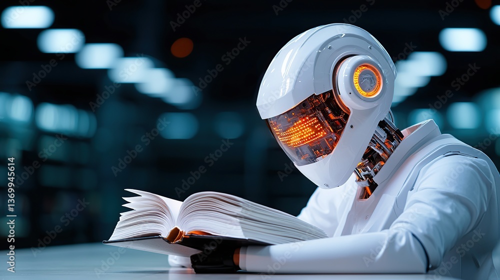 Poster a futuristic robot reading a book in a dimly lit environment.