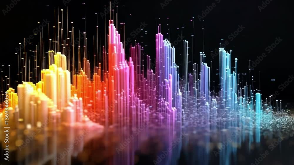 Poster complex data streams are flowing and creating colorful vertical lines on a black background, represe
