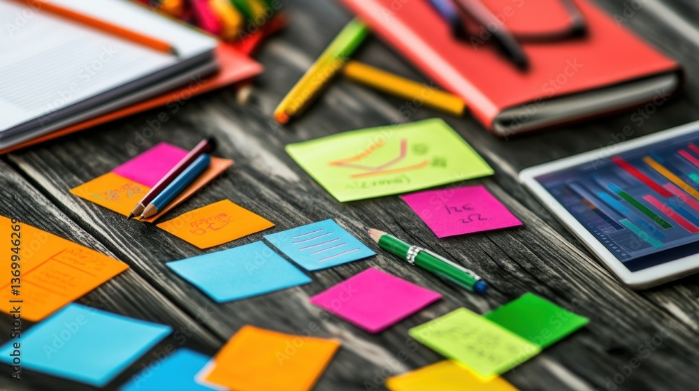 Aufkleber a startup workspace with sticky notes, a brainstorming wall, and a digital tablet showing analytics.