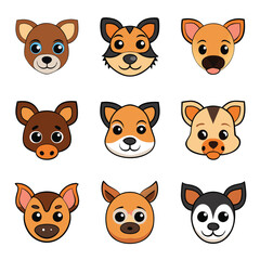 Fototapeta premium Funny animal cartoon character vector illustration set with cute cat, dog, rabbit, and bear faces