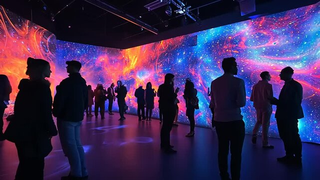Vibrant digital art installation with silhouettes of people interacting in a colorful immersive space