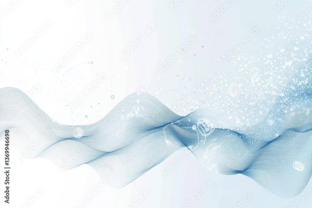 Aufkleber Modern digital waves with floating transaction icons in a sleek blue and white color scheme create a dynamic and clean background for various applications