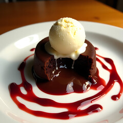 Decadent Chocolate Lava Cake with Vanilla Ice Cream and Raspberry Coulis