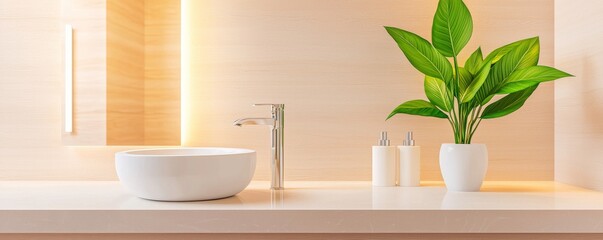 Fototapeta premium Modern Beige Bathroom Interior with White Vessel Sink and Lush Greenery