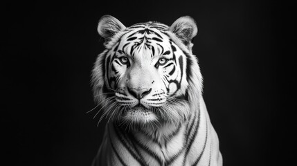 Striking black and white portrait of a white tiger. Intense gaze meets the viewer against a stark, dramatic background