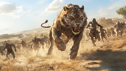 Mighty tiger chases ancient warriors through desert battlefield