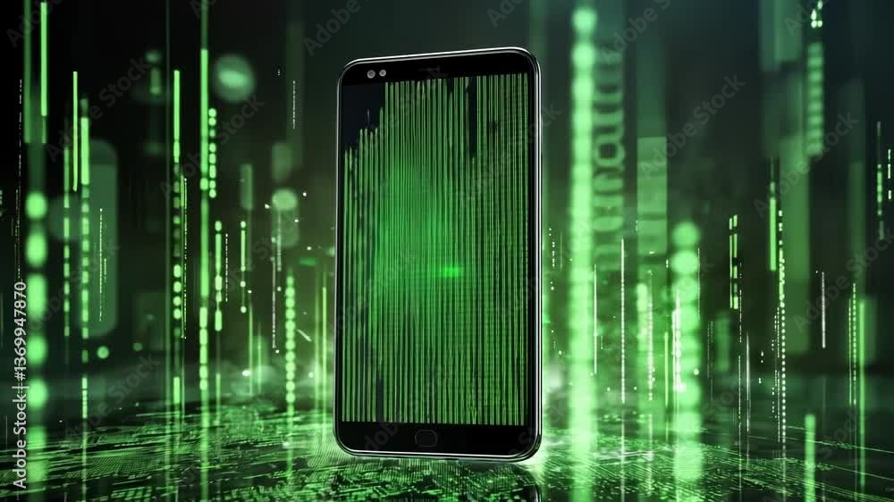 Poster modern smartphone displaying cascading green matrix style code on its screen, suggesting concepts of