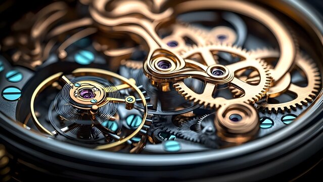 A close-up of intricate watch mechanisms, featuring gears, springs, and jewels, showcasing fine craftsmanship and design. Concept Watch Mechanisms, Intricate Gears, Fine Craftsmanship - Powered by Adobe