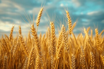 Fototapeta premium Golden wheat field swaying gently against a partly cloudy blue sky
