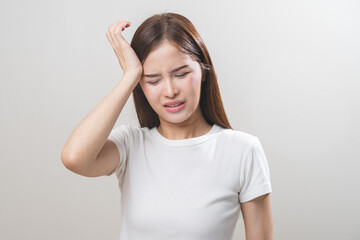 Dizzy asian young woman, girl headache or migraine pain suffering from vertigo or sick, holding...