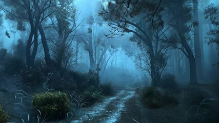 A narrow dirt path weaves through a tranquil, fog-covered forest as evening descends, creating an atmosphere filled with mystery and serenity. - Powered by Adobe