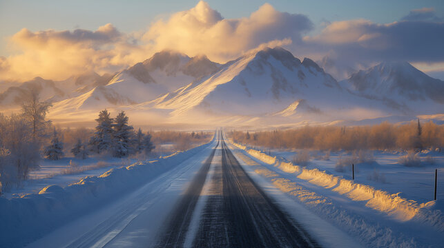 Winter road leading towards snow covered mountains with golden sunlight, adventure travel concept for seasonal tourism and wilderness exploration