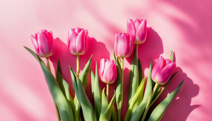 Fototapeta premium Pink tulips on blank background HD image. A tulips doesn't strive to impress anyone, it just blooms proverb image. Pink tulips HD picture