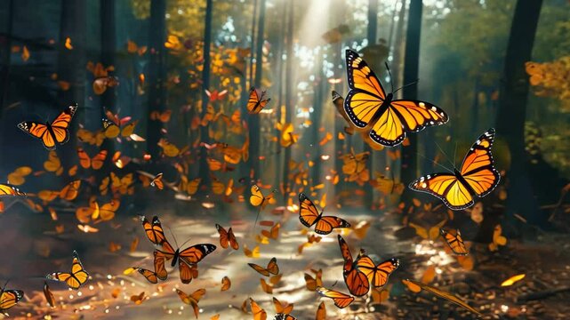 In a serene forest during autumn, countless monarch butterflies flit gracefully through rays of sunlight, creating a captivating spectacle among fallen leaves.