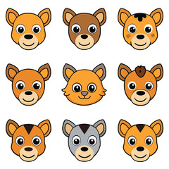 Fototapeta premium Cute funny baby animal heads vector icon set with a collection of cartoon pet face illustrations including cat, dog, bear, pig, rabbit, cow, panda, lion, and fox characters