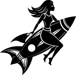 abstract illustration of woman riding a rocket in black and white 