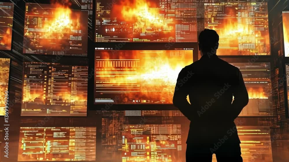Poster cybersecurity expert monitoring critical system failure on multiple screens, with cascading fire eff