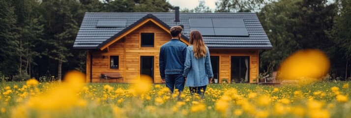 A couple is happily standing together in front of their new wooden house, surrounded by vibrant yellow flowers in a serene landscape